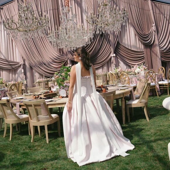 Nicole and Felicia Drop Waist Mikado Gown with Flower Detail - Picture 3 of 6